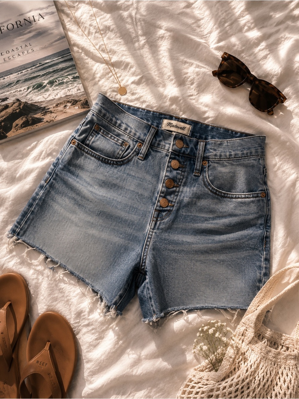 Madewell High Rise Button Fly Denim Shorts Raw Hem Festival Summer Jean Shorts